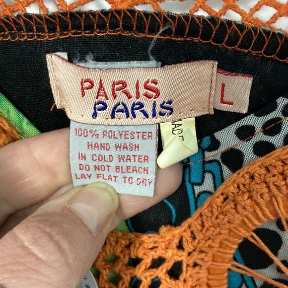 Paris Paris Maxi Dress SZ L Lined Bold Abstract Animal Print Orange Blue Crochet - Picture 9 of 12